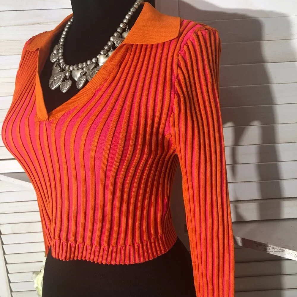 PrettyLittleThing Pink Orange Knit Cropped Top Small - Picture 6 of 11